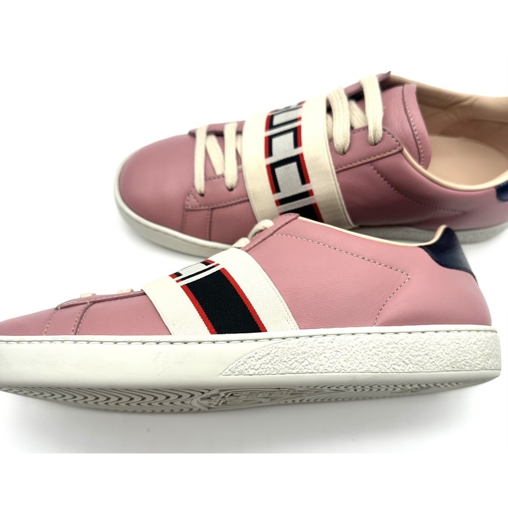 Gucci Bubblegum Pink Leather Ace Logo Stripe Strap Low Top Sneakers 6/36.5 - Picture 11 of 17